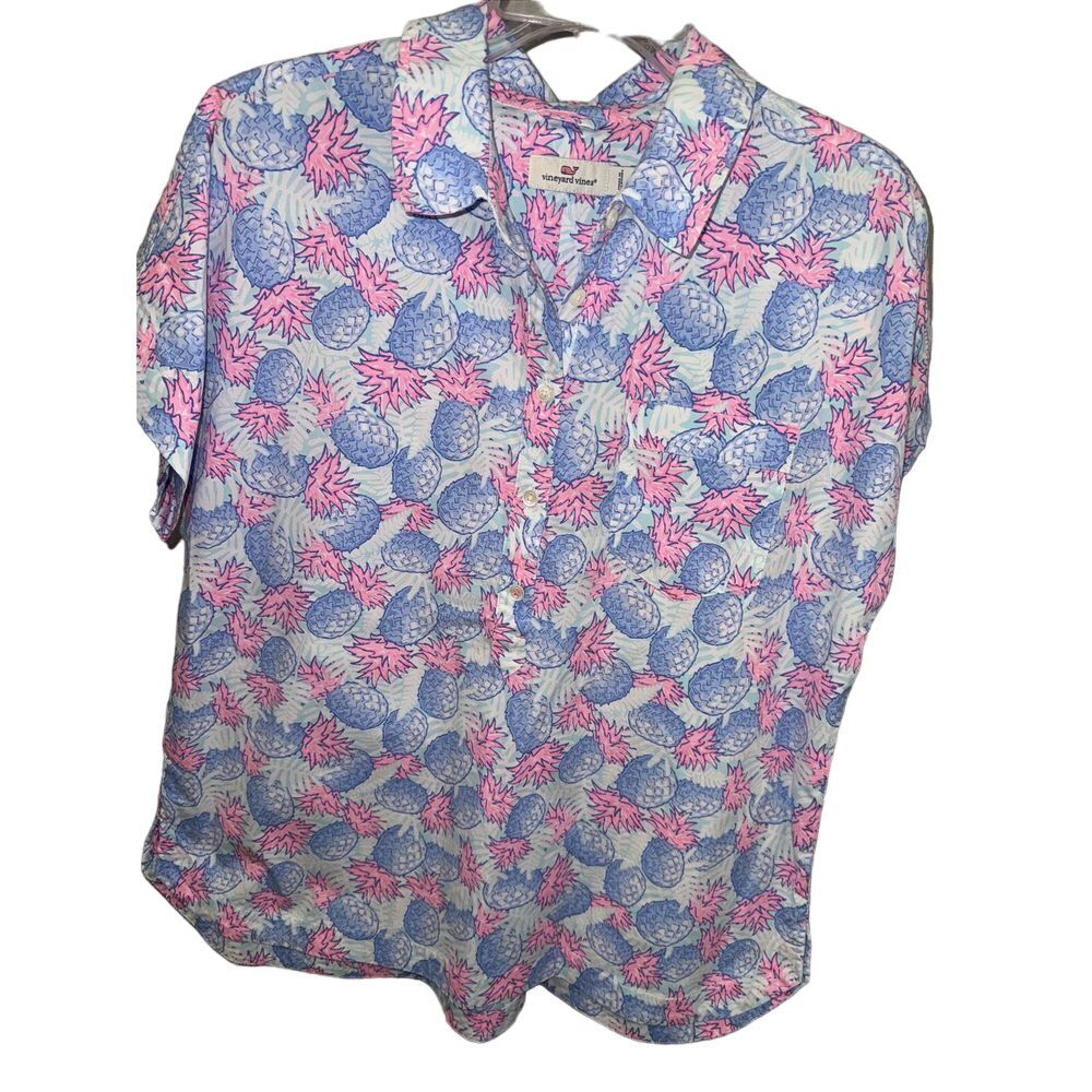 Women's Vineyard‎ Vines Pineapple Printed Popover Size 14 1/2 Button Up Top